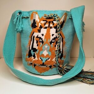 Wayuu Columbian Hand Woven Shoulder Bag Crossbody Tiger Teal Blue Green Large